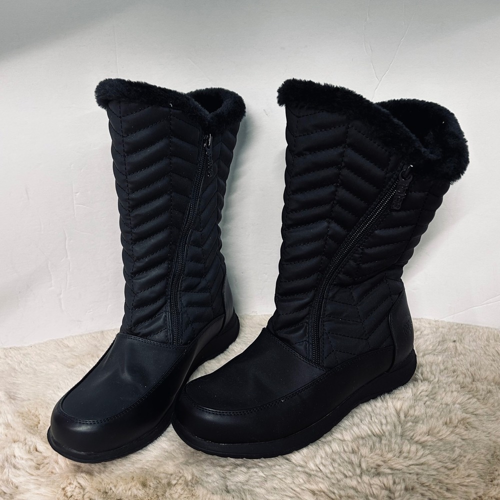 Totes Womens Jodi Black Quilted Waterproof Winter Boots Faux Fur Lined Size 7
